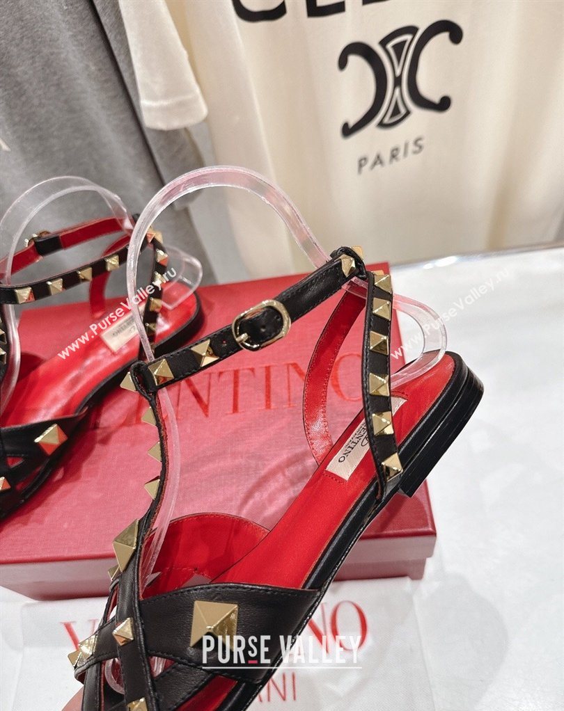 Valentino Studdy Flat Sandals in Calfskin Leather Black 2026 0224 (MD-260224043)