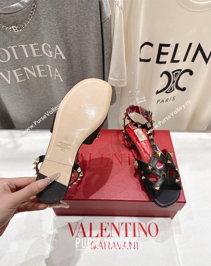 Valentino Studdy Flat Sandals in Calfskin Leather Black 2026 0224 (MD-260224043)