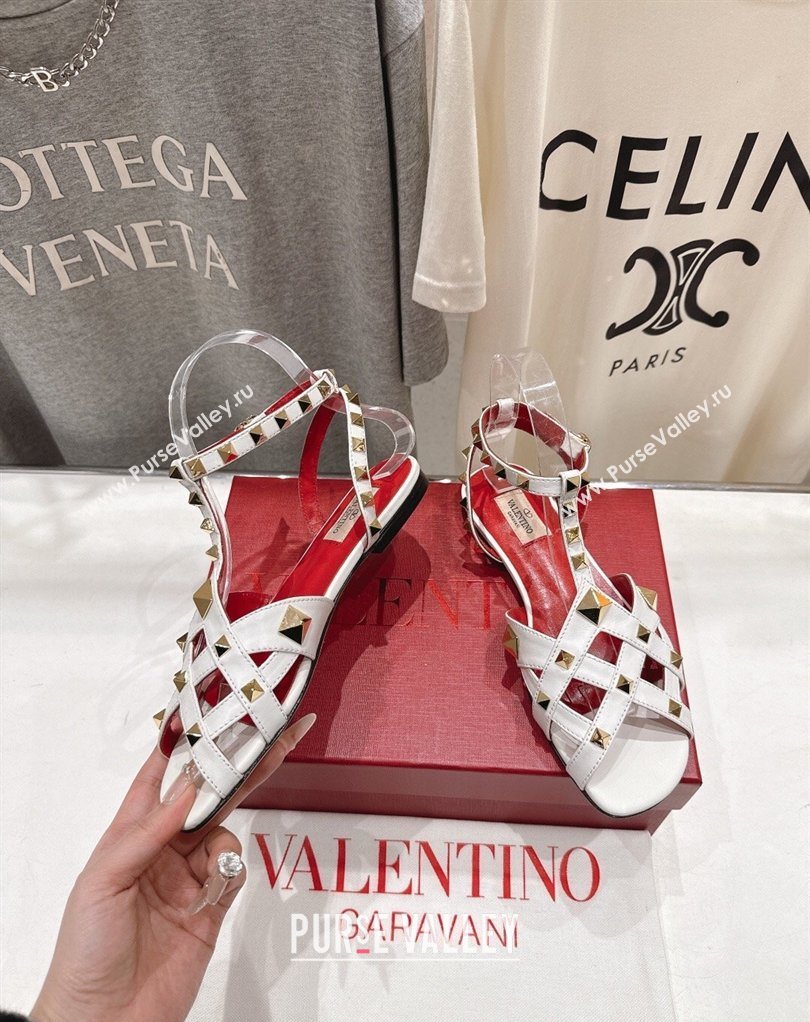 Valentino Studdy Flat Sandals in Calfskin Leather White 2026 0224 (MD-260224044)