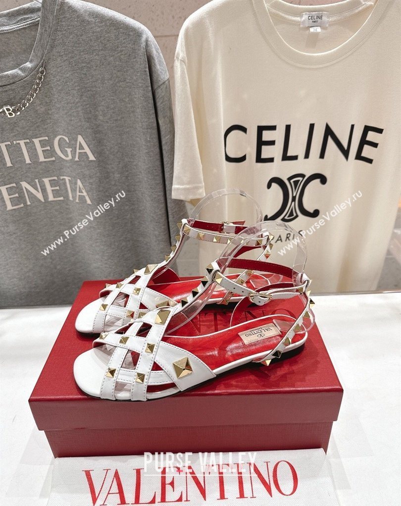 Valentino Studdy Flat Sandals in Calfskin Leather White 2026 0224 (MD-260224044)