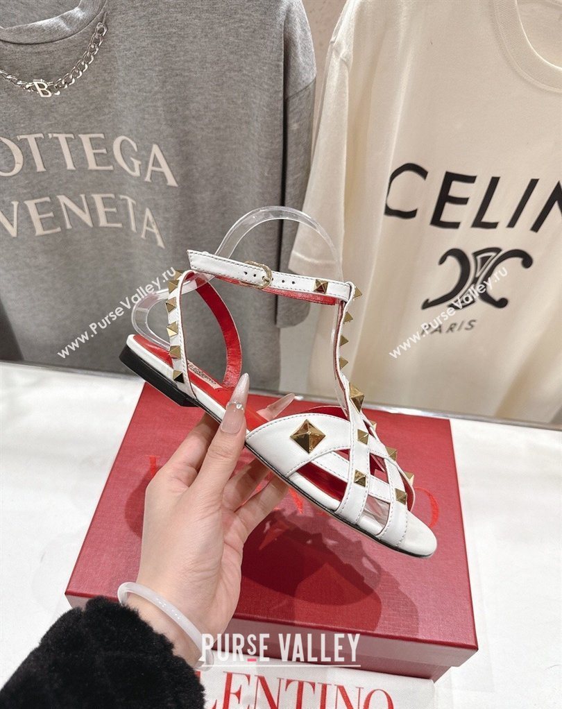 Valentino Studdy Flat Sandals in Calfskin Leather White 2026 0224 (MD-260224044)