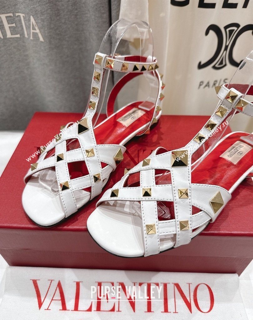 Valentino Studdy Flat Sandals in Calfskin Leather White 2026 0224 (MD-260224044)