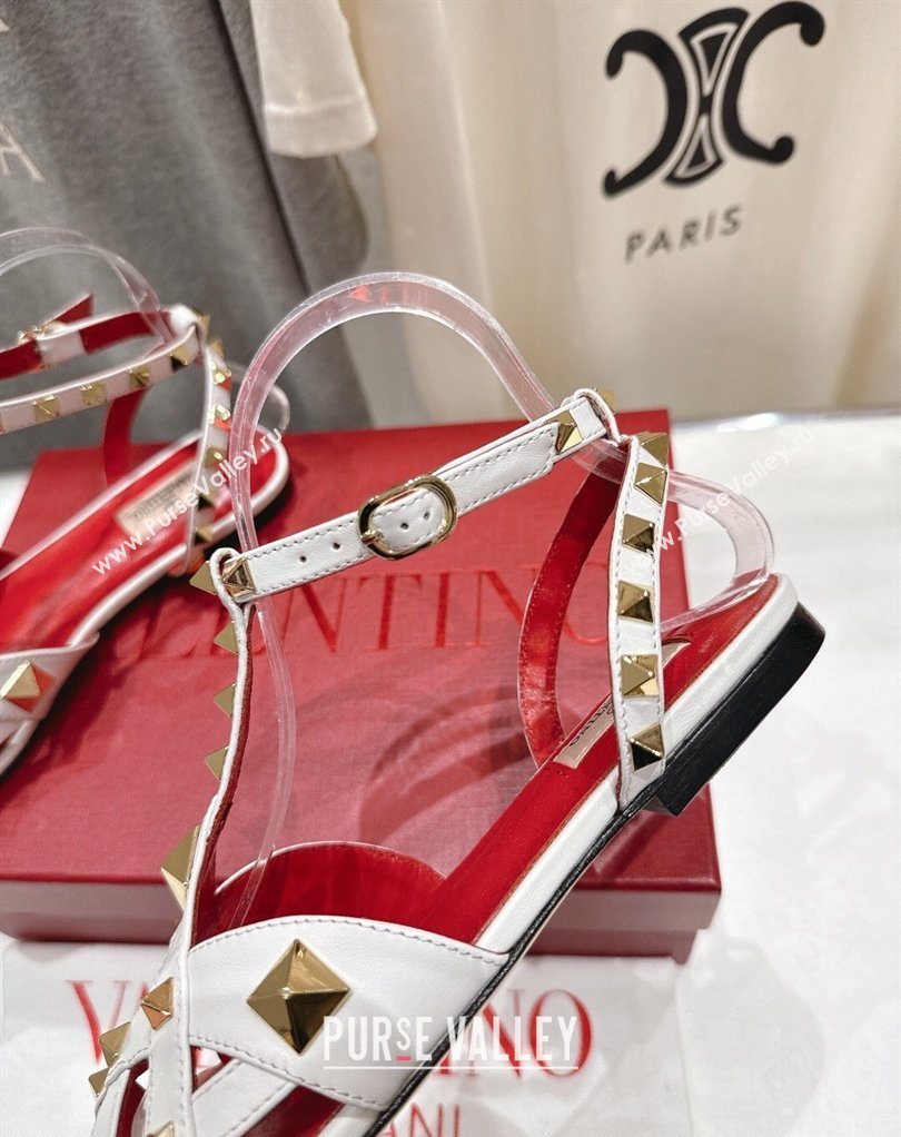 Valentino Studdy Flat Sandals in Calfskin Leather White 2026 0224 (MD-260224044)
