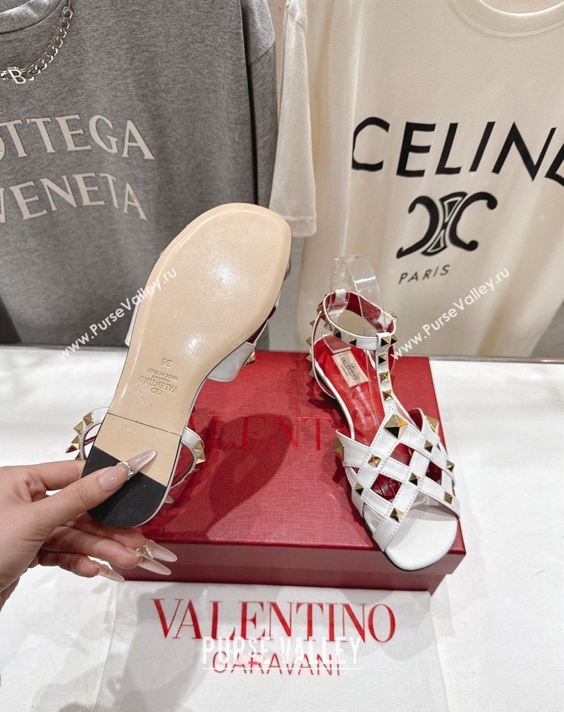 Valentino Studdy Flat Sandals in Calfskin Leather White 2026 0224 (MD-260224044)