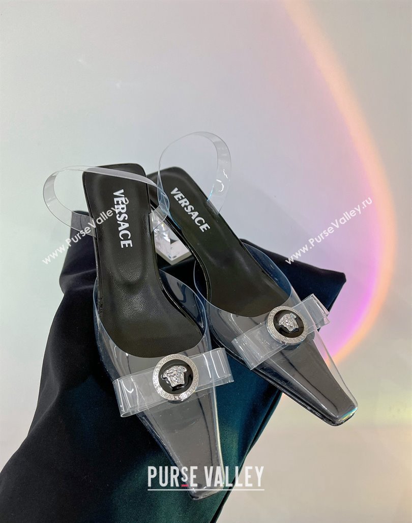Versace Gianni Ribbon Transparent Pumps 9.5cm in TPU and Patent Leather Black 2024 0227 (ZN-240227080)