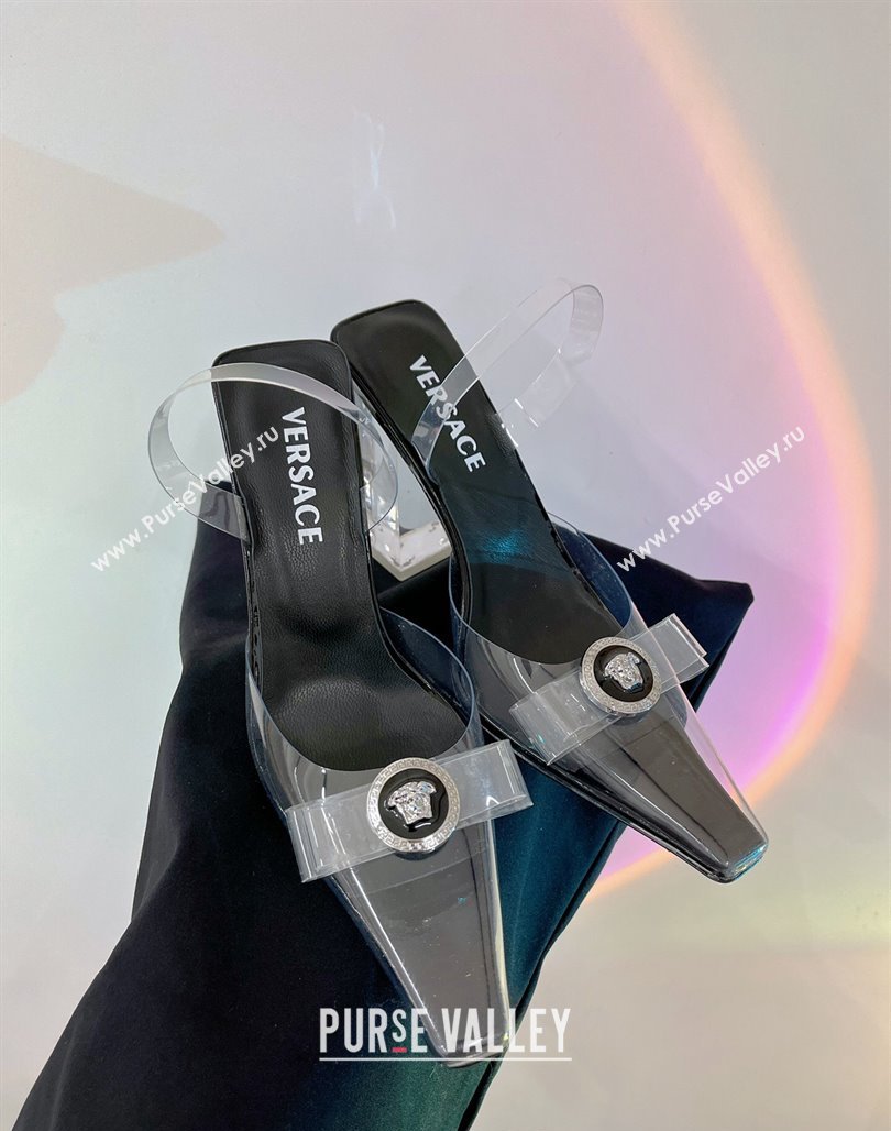 Versace Gianni Ribbon Transparent Pumps 9.5cm in TPU and Patent Leather Black 2024 0227 (ZN-240227080)