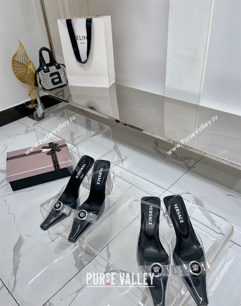Versace Gianni Ribbon Transparent Pumps 9.5cm in TPU and Patent Leather Black 2024 0227 (ZN-240227080)