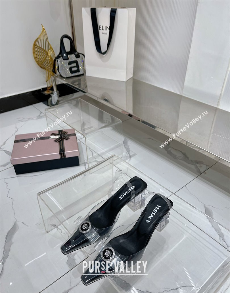 Versace Gianni Ribbon Transparent Pumps 9.5cm in TPU and Patent Leather Black 2024 0227 (ZN-240227080)