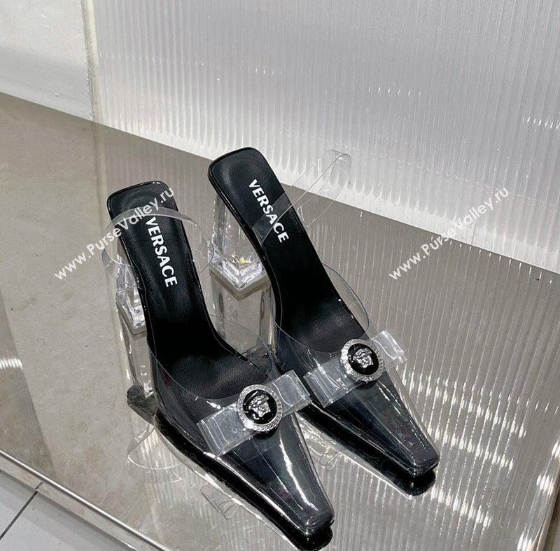 Versace Gianni Ribbon Transparent Pumps 9.5cm in TPU and Patent Leather Black 2024 0227 (ZN-240227080)