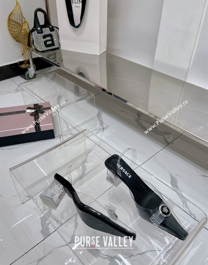Versace Gianni Ribbon Transparent Pumps 9.5cm in TPU and Patent Leather Black 2024 0227 (ZN-240227080)