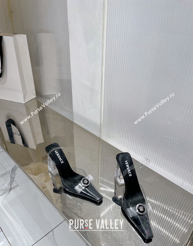 Versace Gianni Ribbon Transparent Pumps 9.5cm in TPU and Patent Leather Black 2024 0227 (ZN-240227080)