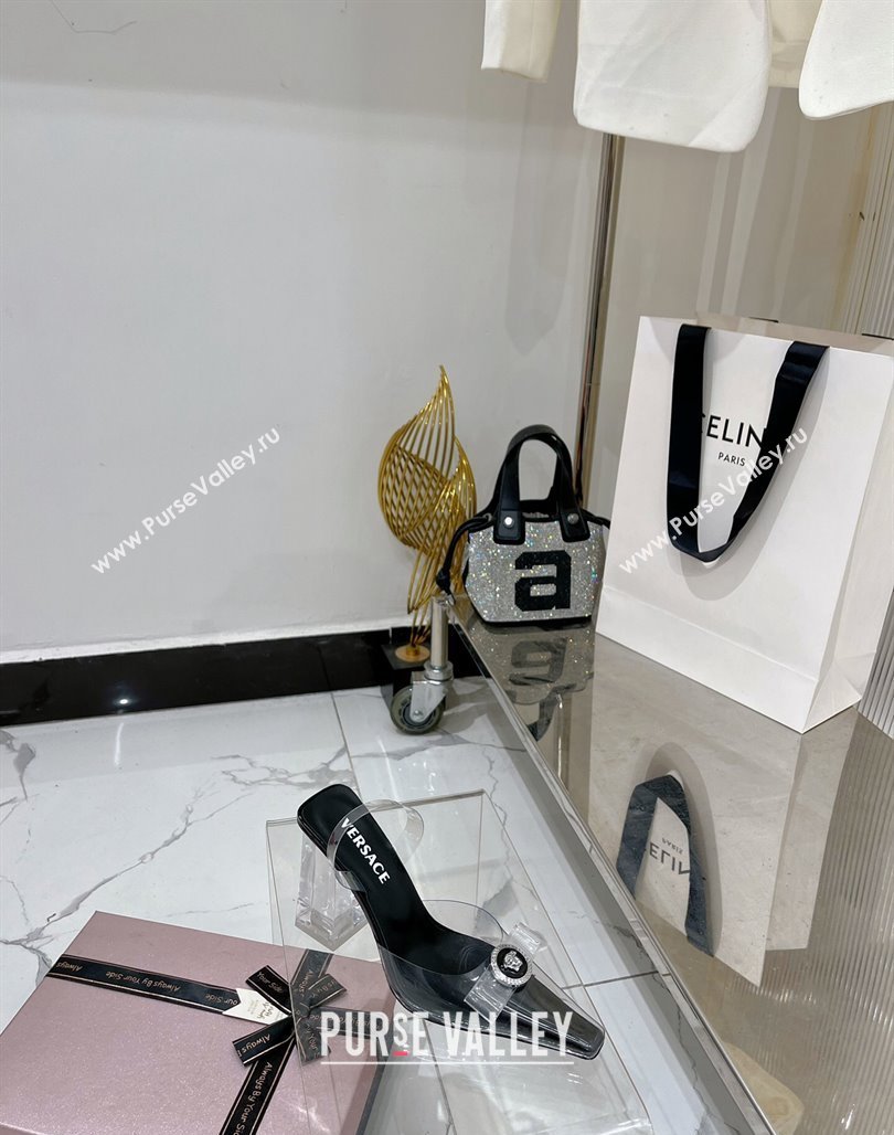 Versace Gianni Ribbon Transparent Pumps 9.5cm in TPU and Patent Leather Black 2024 0227 (ZN-240227080)