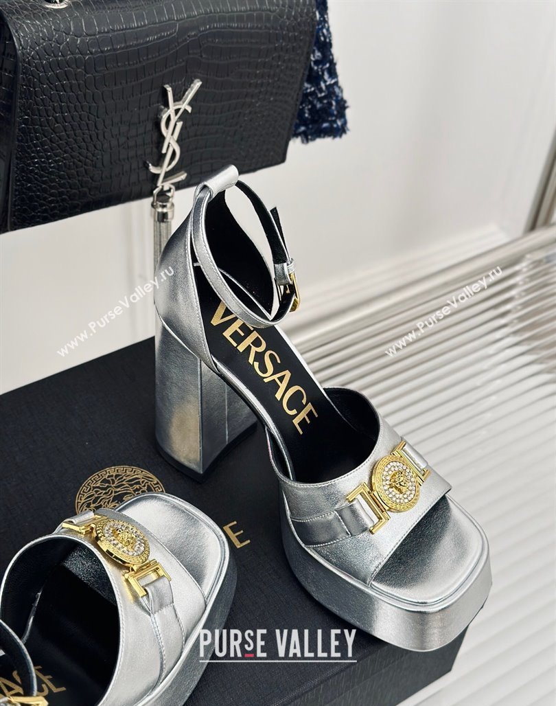 Versace Medusa 95 Metallic Leather High Heel Platform Sandals 12cm Silver 2024 0227 (MD-240227095)