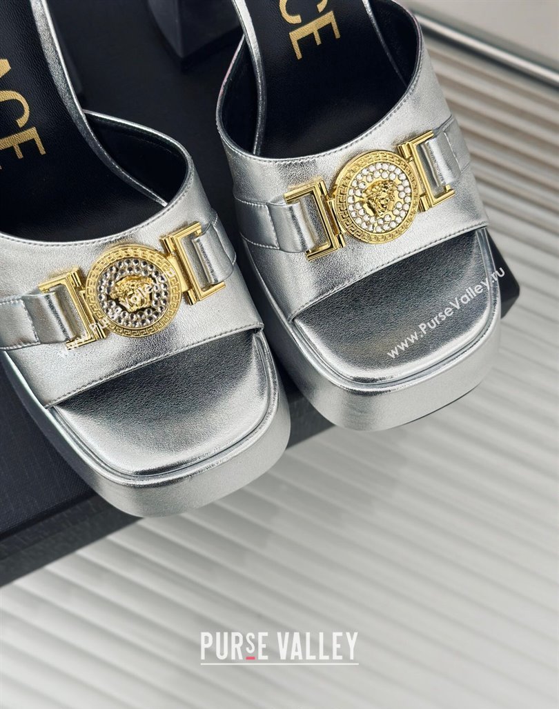Versace Medusa 95 Metallic Leather High Heel Platform Sandals 12cm Silver 2024 0227 (MD-240227095)