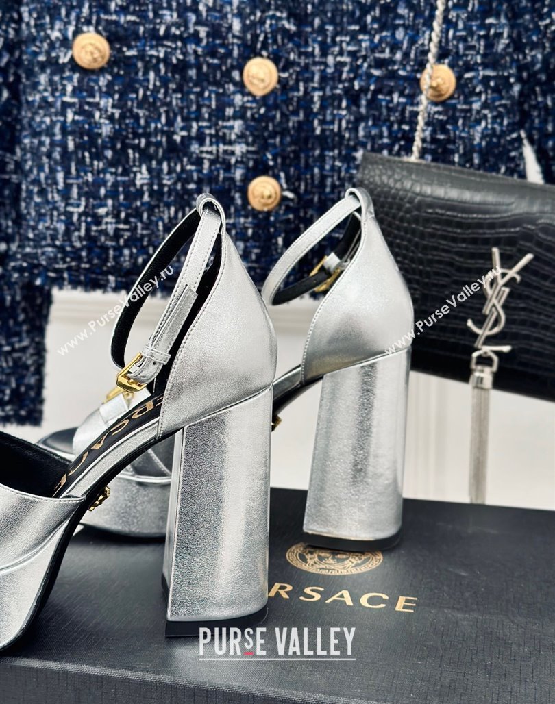 Versace Medusa 95 Metallic Leather High Heel Platform Sandals 12cm Silver 2024 0227 (MD-240227095)