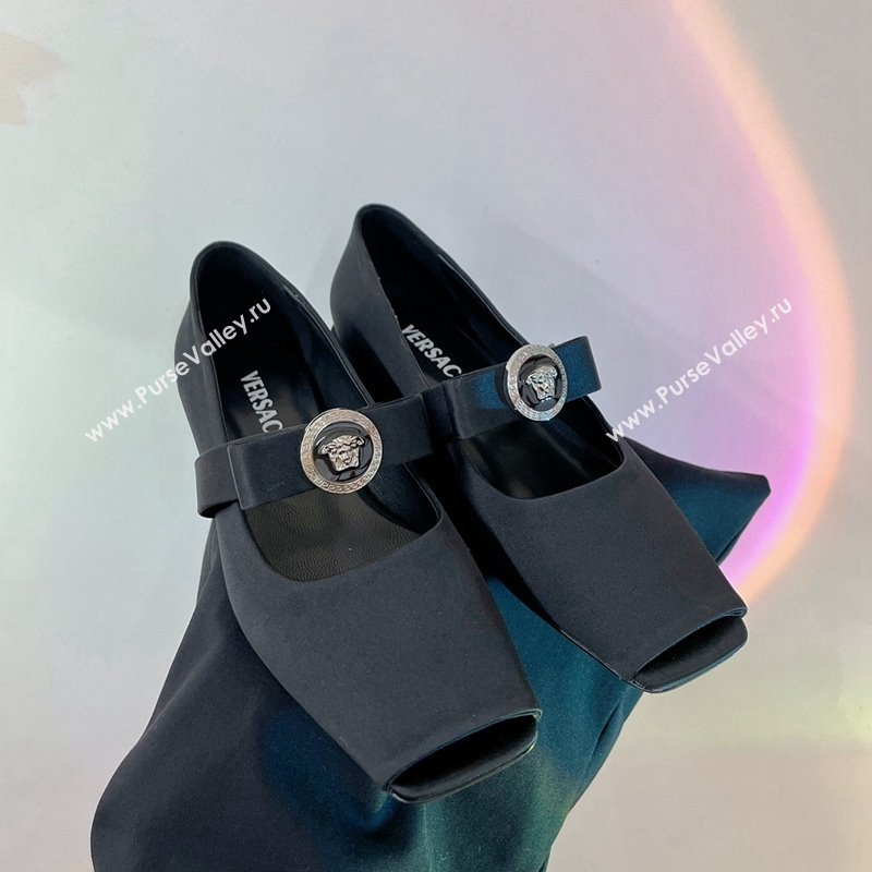 Versace Gianni Ribbon Open Toe Ballerinas Flat in Satin Black 2024 0227 (ZN-240227072)