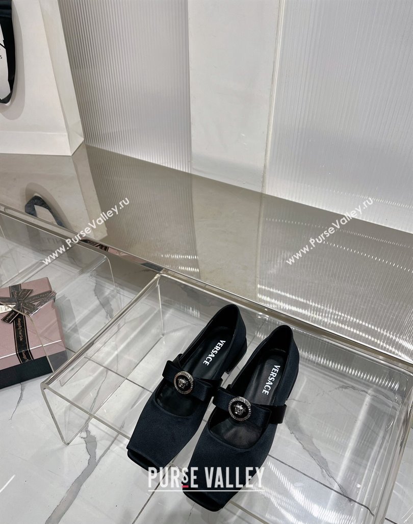 Versace Gianni Ribbon Open Toe Ballerinas Flat in Satin Black 2024 0227 (ZN-240227072)