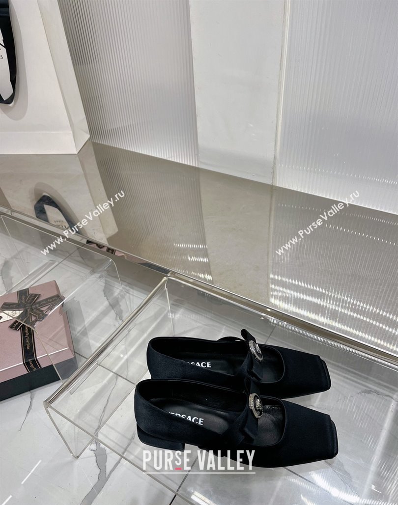Versace Gianni Ribbon Open Toe Ballerinas Flat in Satin Black 2024 0227 (ZN-240227072)