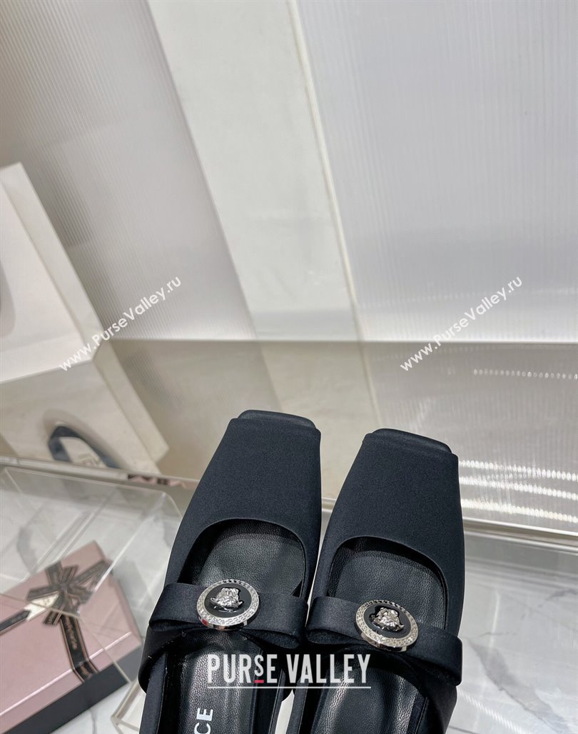 Versace Gianni Ribbon Open Toe Ballerinas Flat in Satin Black 2024 0227 (ZN-240227072)