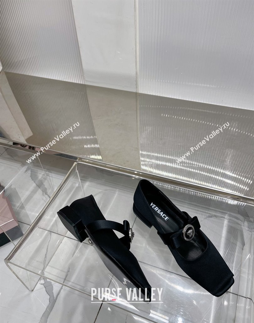 Versace Gianni Ribbon Open Toe Ballerinas Flat in Satin Black 2024 0227 (ZN-240227072)