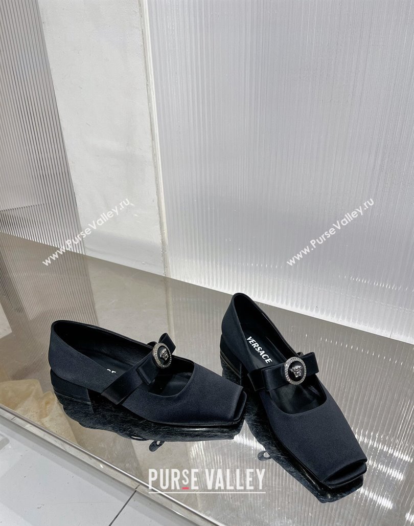 Versace Gianni Ribbon Open Toe Ballerinas Flat in Satin Black 2024 0227 (ZN-240227072)