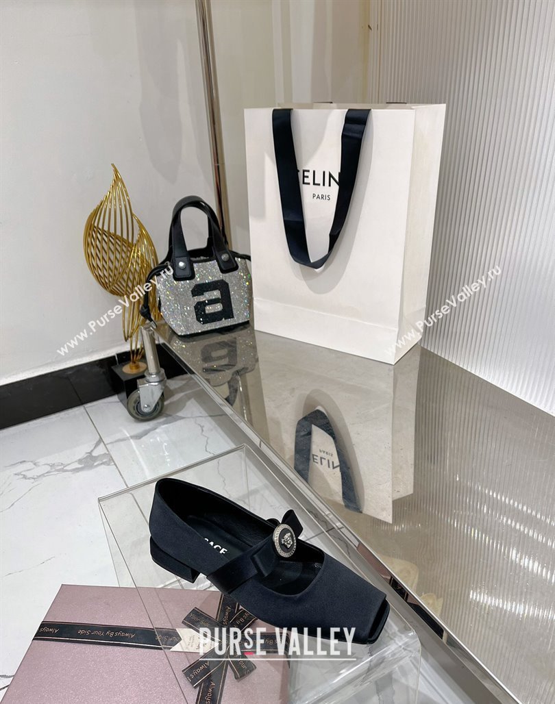 Versace Gianni Ribbon Open Toe Ballerinas Flat in Satin Black 2024 0227 (ZN-240227072)