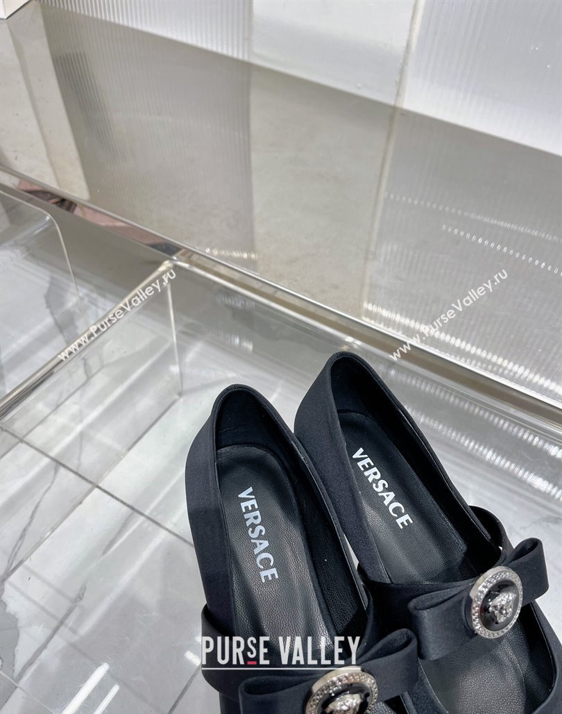 Versace Gianni Ribbon Open Toe Ballerinas Flat in Satin Black 2024 0227 (ZN-240227072)