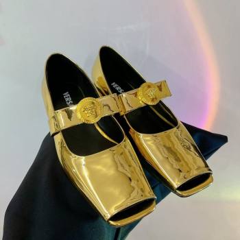 Versace Gianni Ribbon Open Toe Ballerinas Flat in Glazed Metallic Leather Gold 2024 0227 (ZN-240227073)