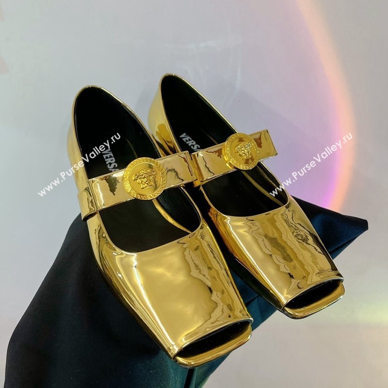 Versace Gianni Ribbon Open Toe Ballerinas Flat in Glazed Metallic Leather Gold 2024 0227 (ZN-240227073)