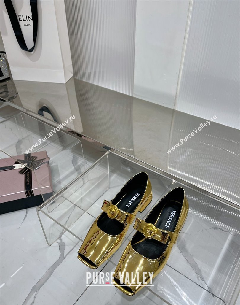 Versace Gianni Ribbon Open Toe Ballerinas Flat in Glazed Metallic Leather Gold 2024 0227 (ZN-240227073)