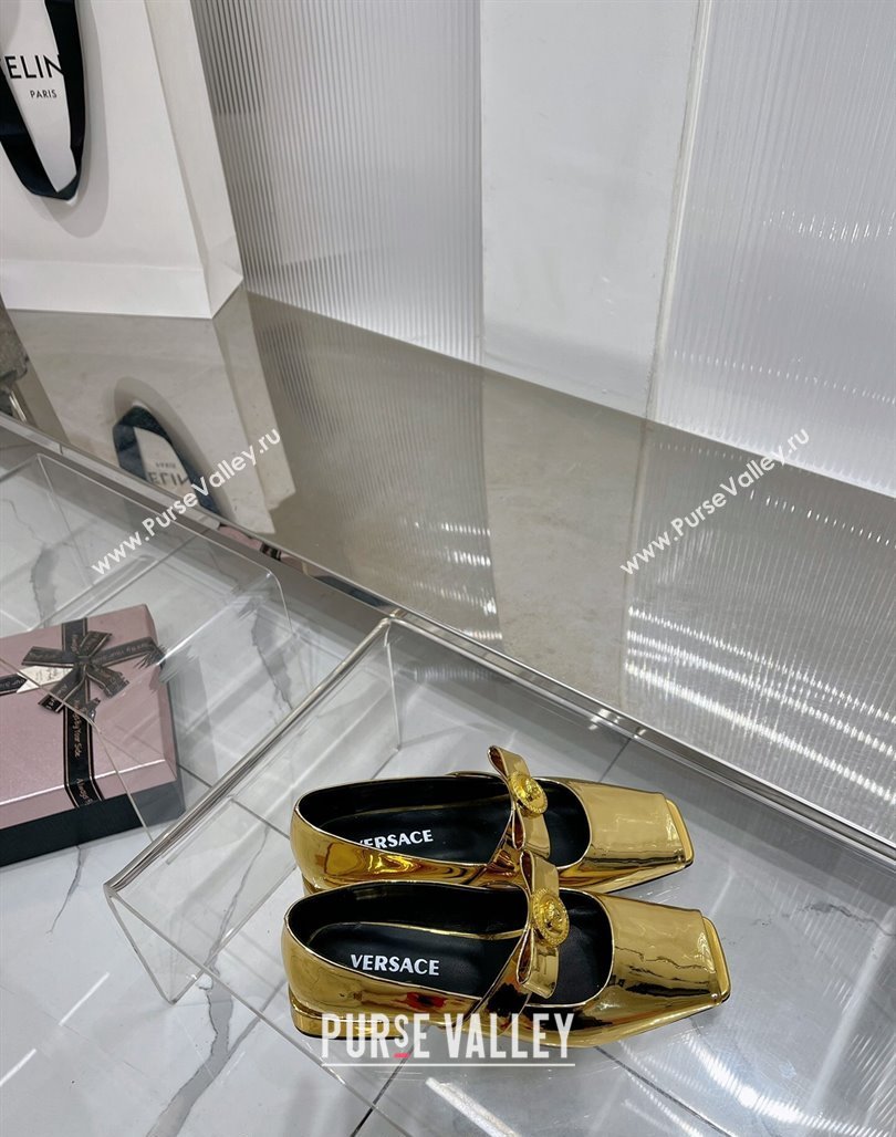 Versace Gianni Ribbon Open Toe Ballerinas Flat in Glazed Metallic Leather Gold 2024 0227 (ZN-240227073)