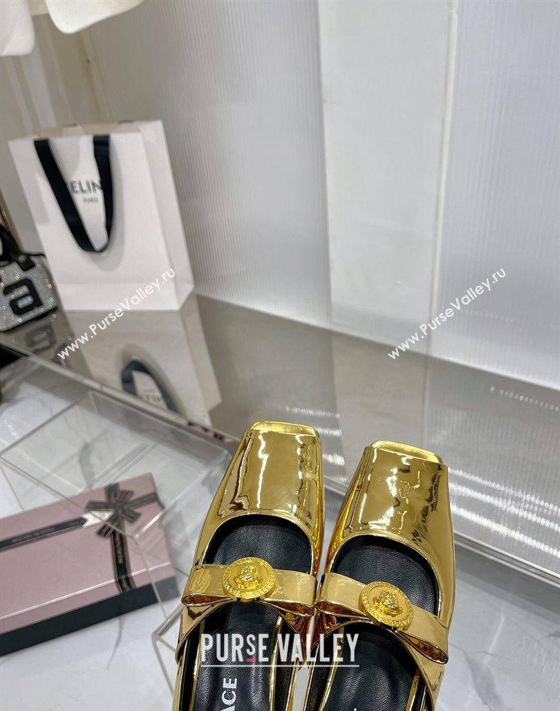 Versace Gianni Ribbon Open Toe Ballerinas Flat in Glazed Metallic Leather Gold 2024 0227 (ZN-240227073)