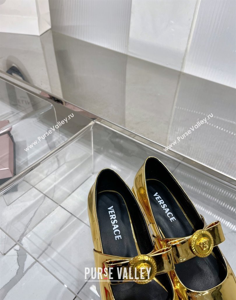 Versace Gianni Ribbon Open Toe Ballerinas Flat in Glazed Metallic Leather Gold 2024 0227 (ZN-240227073)