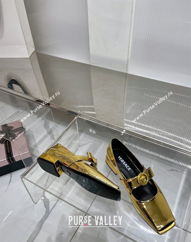 Versace Gianni Ribbon Open Toe Ballerinas Flat in Glazed Metallic Leather Gold 2024 0227 (ZN-240227073)