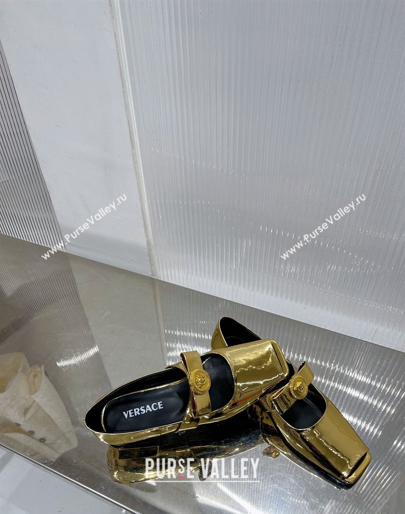 Versace Gianni Ribbon Open Toe Ballerinas Flat in Glazed Metallic Leather Gold 2024 0227 (ZN-240227073)