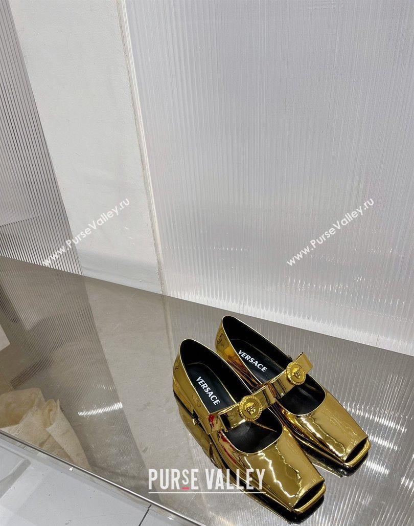 Versace Gianni Ribbon Open Toe Ballerinas Flat in Glazed Metallic Leather Gold 2024 0227 (ZN-240227073)