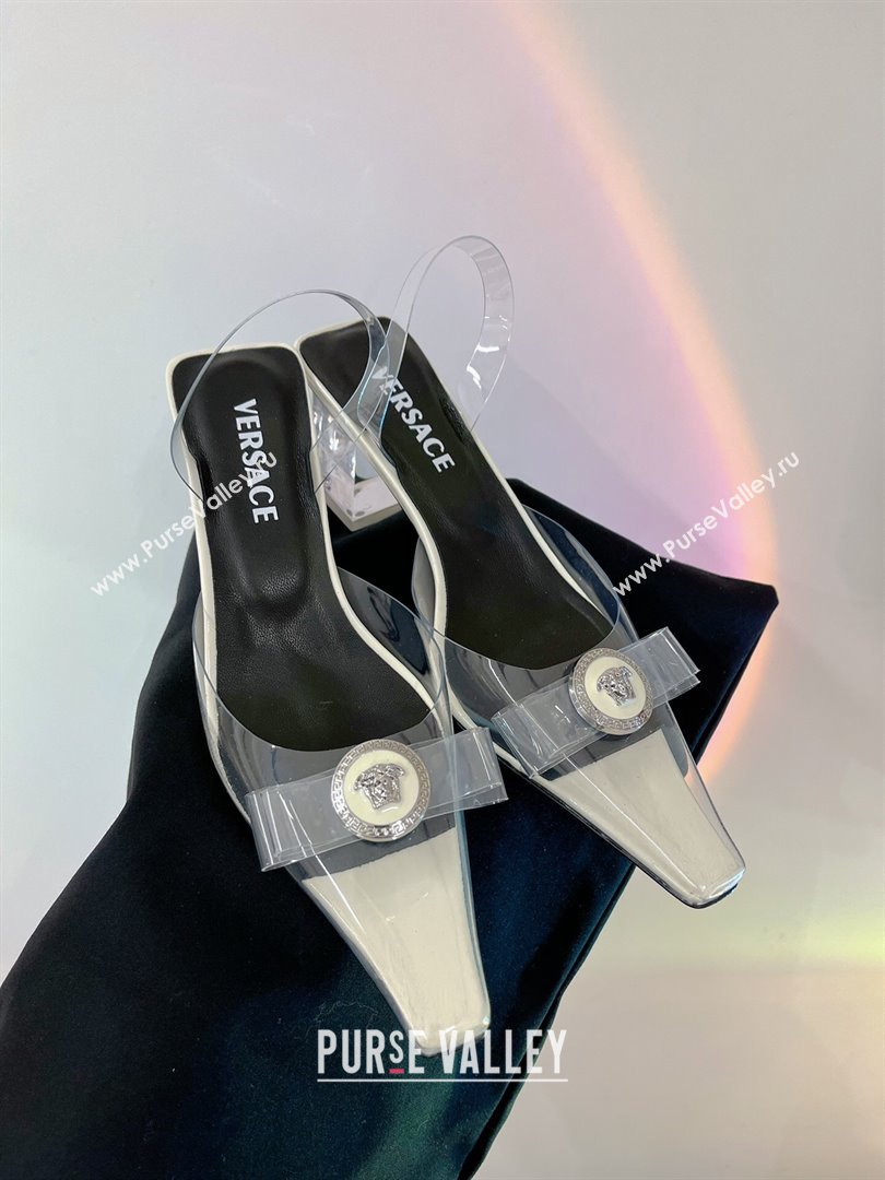 Versace Gianni Ribbon Transparent Pumps 9.5cm in TPU and Patent Leather White 2024 0227 (ZN-240227077)