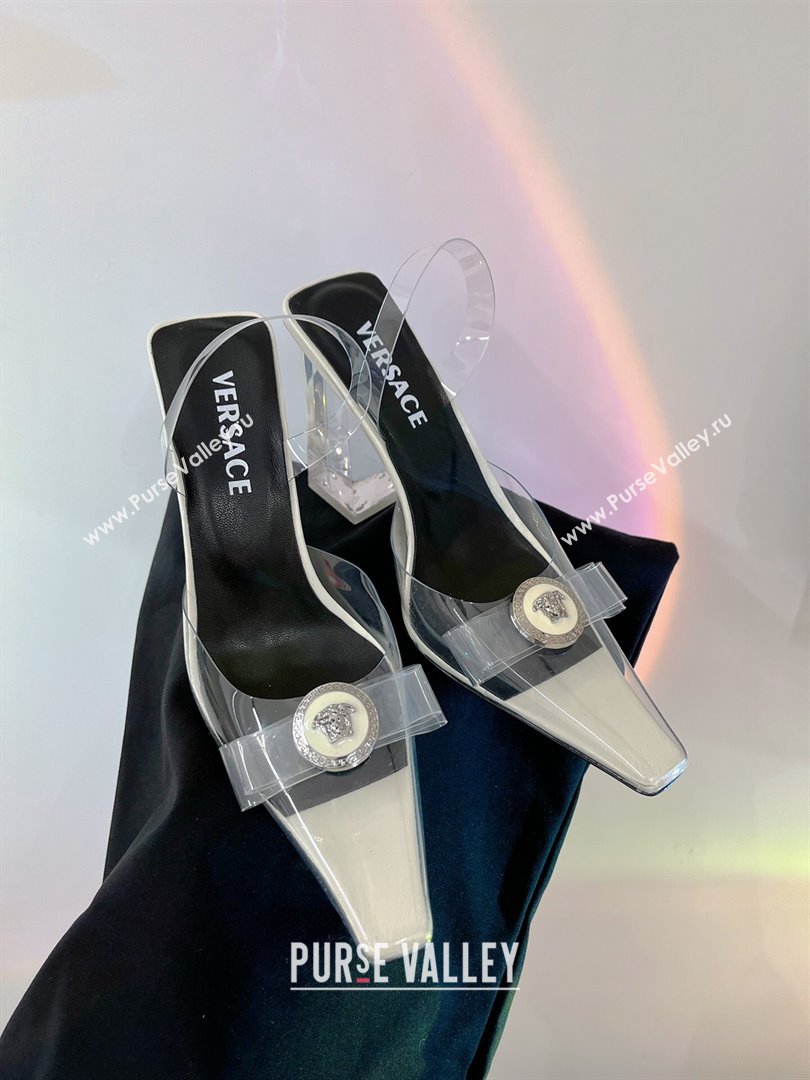 Versace Gianni Ribbon Transparent Pumps 9.5cm in TPU and Patent Leather White 2024 0227 (ZN-240227077)