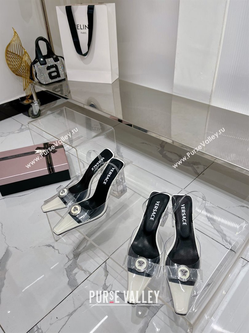 Versace Gianni Ribbon Transparent Pumps 9.5cm in TPU and Patent Leather White 2024 0227 (ZN-240227077)