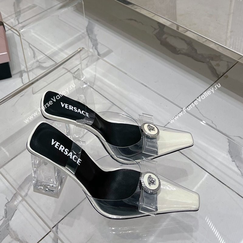 Versace Gianni Ribbon Transparent Pumps 9.5cm in TPU and Patent Leather White 2024 0227 (ZN-240227077)