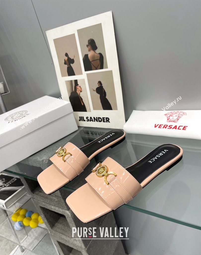 Versace Patent Leather Flat Slide Sandals Nude 2024 0506 (MD-240506132)