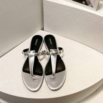 Versace Medusa Calfskin Flat Thong Slides Sandal with Logo Charm Silver 2024 0612 (MD-240612161)