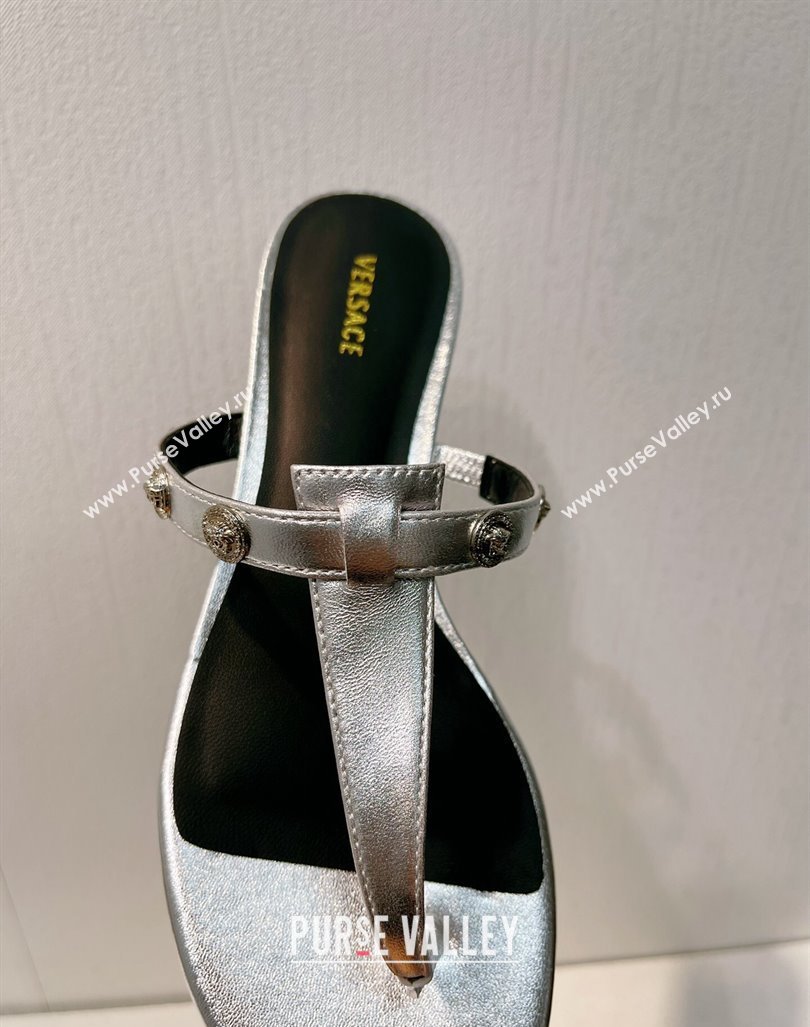 Versace Medusa Calfskin Flat Thong Slides Sandal with Logo Charm Silver 2024 0612 (MD-240612161)