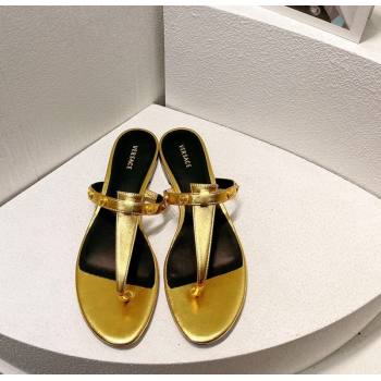 Versace Medusa Calfskin Flat Thong Slides Sandal with Logo Charm Gold 2024 0612 (MD-240612162)