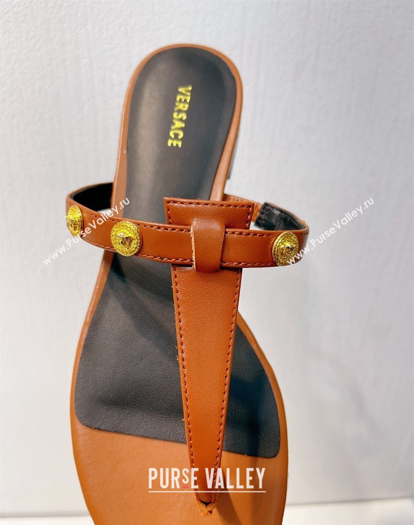 Versace Medusa Calfskin Flat Thong Slides Sandal with Logo Charm Brown 2024 0612 (MD-240612163)