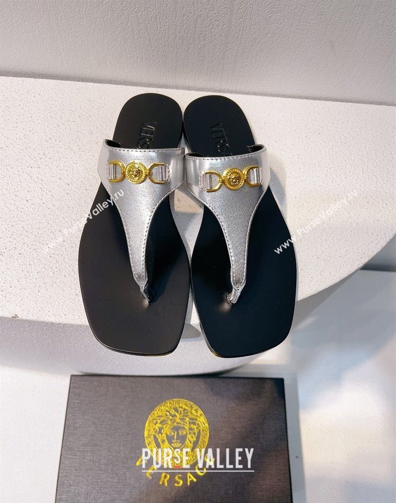 Versace Medusa 95 Calfskin Flat Thong Slides Sandal Silver 2024 0612 (MD-240612142)