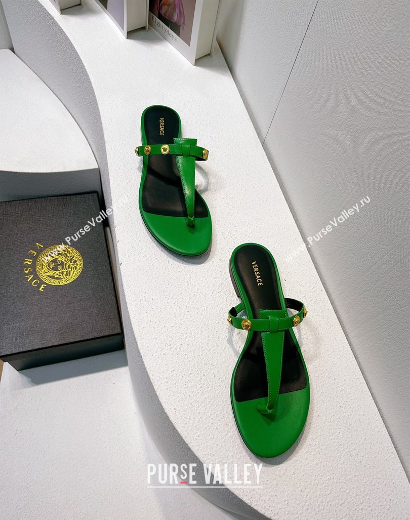 Versace Medusa Calfskin Flat Thong Slides Sandal with Logo Charm Green 2024 0612 (MD-240612165)