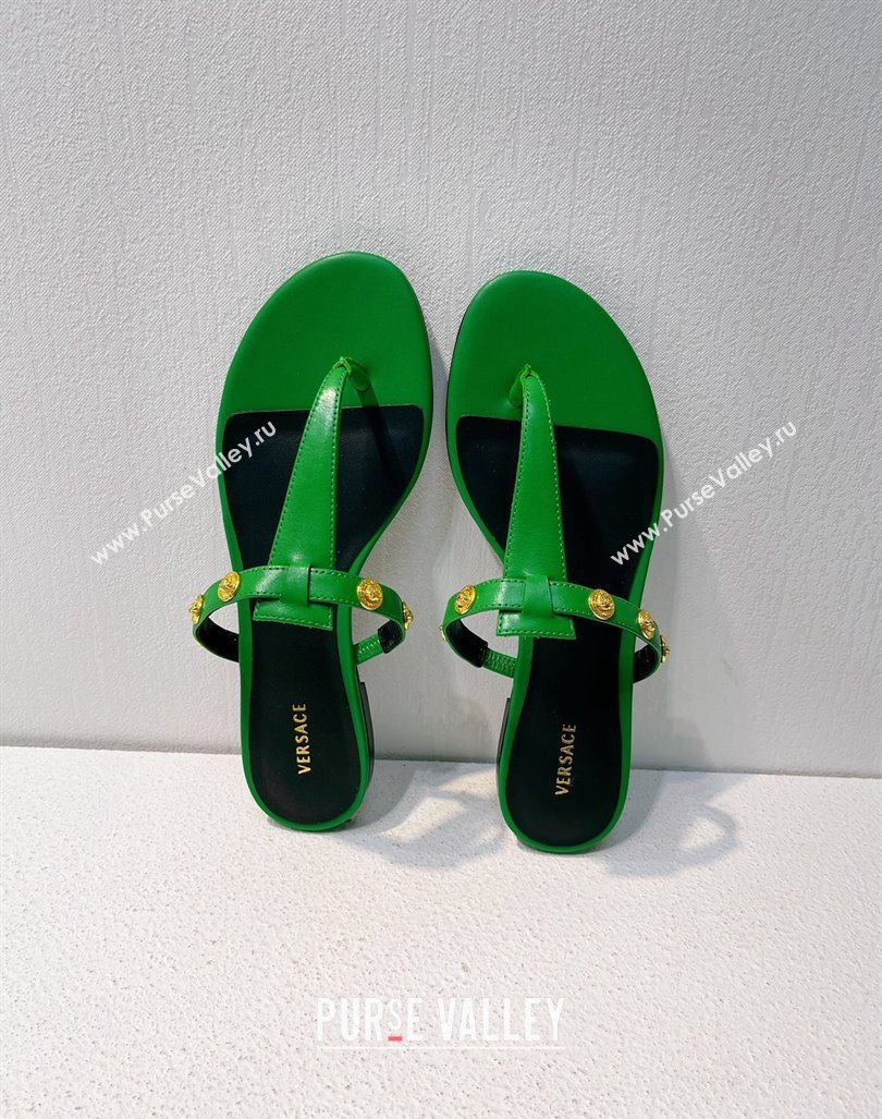 Versace Medusa Calfskin Flat Thong Slides Sandal with Logo Charm Green 2024 0612 (MD-240612165)