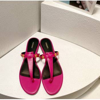 Versace Medusa Calfskin Flat Thong Slides Sandal with Logo Charm Dark Pink 2024 0612 (MD-240612166)