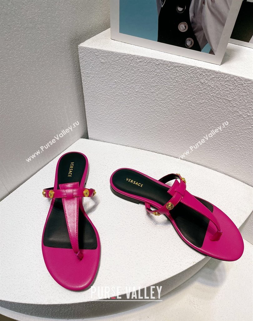 Versace Medusa Calfskin Flat Thong Slides Sandal with Logo Charm Dark Pink 2024 0612 (MD-240612166)